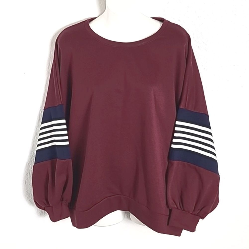 Say What? Maroon Oversized Sweatshirt Navy Blue/White Stripe Balloon Sleeves XL